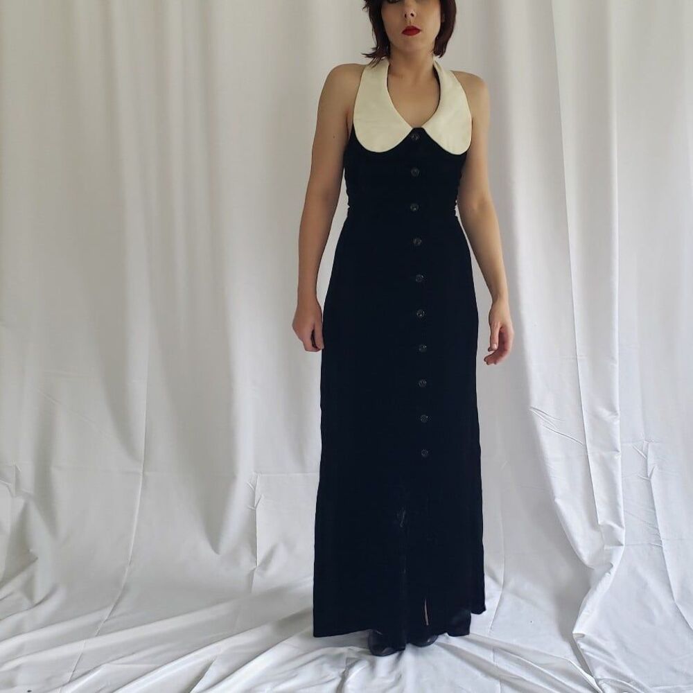 60s Mindy Malone Black‎ Crushed Velvet Halter Gown